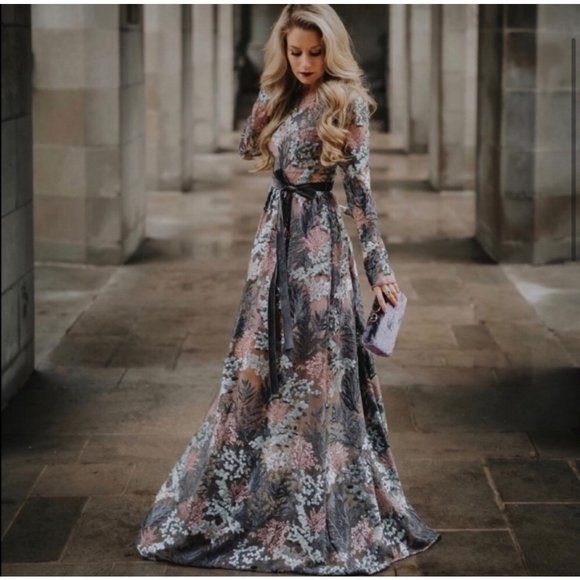 Alexis Jeslyn Embroidered Illusion Long Sleeve Maxi Gown in Marine Embroidery - Picture 2 of 12